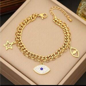 Chic Gold Bracelet with Evil Eye and Star Charms